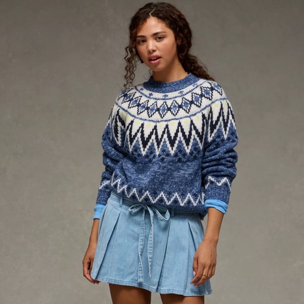 AE XL Blue White Multi Fair Isle Snow Stopper Knit Sweater - Picture 1 of 16